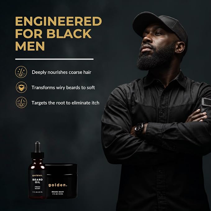 Golden Grooming Beard Travel Kit for Men - TSA Friendly 4-Piece Grooming Set - Natural Beard Growth Oil & Balm Travel Essentials - Shea Butter Softener for Black Men
