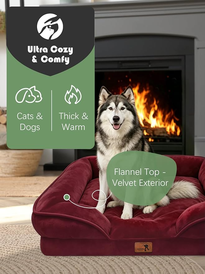Spotted Play Orthopedic Dog Bed with Sides - Sofa Beds for Extra Large Dogs, Supportive Foam Pet Couch Bed with Washable Removable Cover, Waterproof Lining and Non-Slip Bottom, Burgundy - XL-Plus