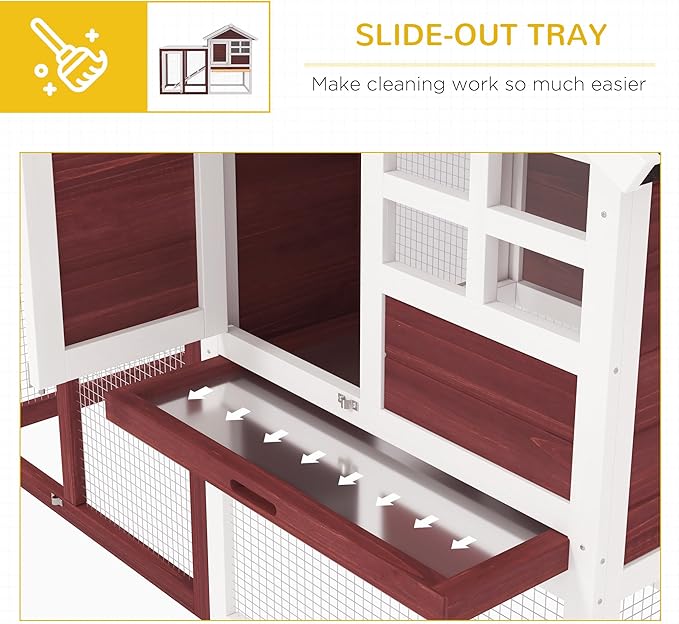 PawHut 49" Wooden Rabbit Hutch Bunny Cage with Waterproof Asphalt Roof, Fun Outdoor Run, Removable Tray and Ramp, for Rabbits, Chickens, Ducks, Brown