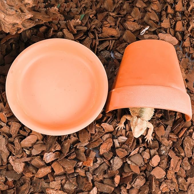 2Pcs Terracotta Reptile Hide and Feeding Bowl Set, Terra Cotta Clay Hideout and Food Water Feeder Dish for Lizard Leopard Gecko Hermit Crab Terrarium Tank Accessories
