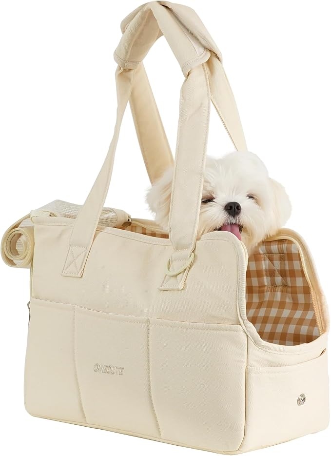 ONECUTE Dog Carrier for Small Dogs Rabbit cat with Large Pockets, Cotton Bag, Dog Carrier Soft Sided, Collapsible Travel Puppy Carrier (Beige, 17" L x 7.5" W x 12" H)