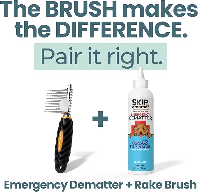 Dematting Cream + Rake Brush - Mat & Tangle Remover Kit | Cream + Rake Brush 2-Step Mat Kit: Apply, Wait 2 Min, Brush Outside-In. For Doodle Coats. No Rinse.