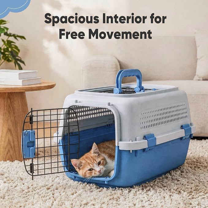 DUMOS 23" Hard-Sided Pet Carrier for Small Pets, 2 Door Cat Carrier - Blue | Airline Approved Dog Crate, Enhanced Security Latches, Front & Top Load Wire Door, Food Bowl for Traveling, Hiking, Camping