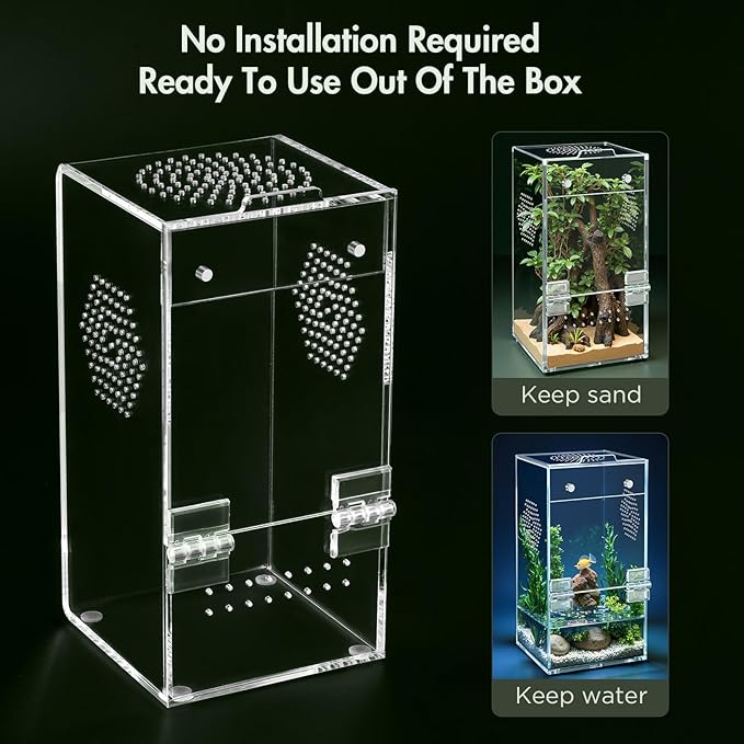 Pre-Assembled Jumping Spider Enclosure, Acrylic Terrarium with Magnetic Door & All-Side Ventilation, Habitat for Spiderling, Mantis, Tarantula, Snail, 3.5"×3.5"×7" (Tweezer & Temp Sticker Included)