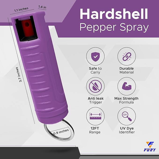 FURY Hardshell Pepper Spray - 12Ft Range, Max Strength, UV Dye Identifier, Anti-Leak & Anti-Misfire, Slidetop Trigger, Belt Clip & Key Ring, Multiple Color Options, Self-Defense Spray