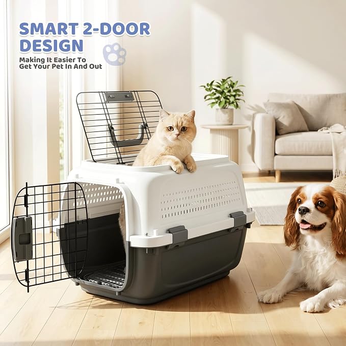 Magshion 22 Inch Hard-Sided Dog Cat Carrier, Grey | Top&Front Door Access, Plastic Dog Kennel for Traveling, Durable Handle, Ventilation, Detachable Pet Bowl, For Pet Up 26 lbs