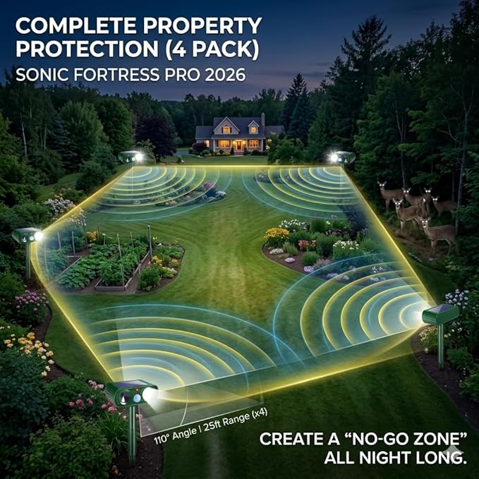 2026 Upgraded Sonic Fortress Pro Deer Repellent Outdoor,Solar Ultrasonic Animal Repellent with Motion Sensor&Flash Light-IP65 Waterproof Raccoon Fortress Pro for Squirrel,Cat-Garden&Yard 4Pack