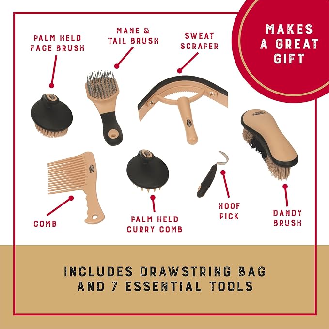 Weaver Equine Horse Grooming Kit, 7-Piece with Tote Bag | Care Set Keeps Coat, Mane & Hooves Tidy with Organized Storage for Home, Stable, Barn & Travel Routines, Black/Beige