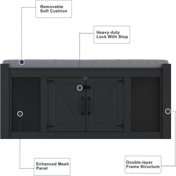 Faceket Dog Crate Furniture with Padded Seat, Luxury Wooden Dog Kennel, End of Bed Bench Ottoman with Removable Cushion for Bedroom, Entryway, Black