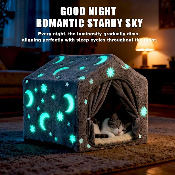Indoor Dog House, Soft Warm Glow Dog Cave for Cat & Small Dogs | Warm Plush Dog Cave Bed with Sturdy Frame, Machine Washable, Non-slip, for Indoor Dogs and Cats