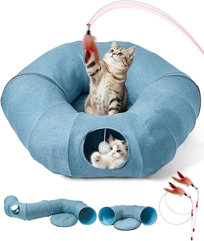 Odoland Linen Cat Tunnels with Central Cat Bed, Interactive Cat Toys Detachable Washable Soft Mat Large Indoor Play Tunnel Cave for Kittens and Small Animals