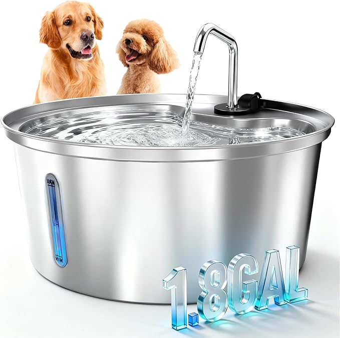 Dog Water Fountain Stainless Steel, 7L/1.8Gal Pet Fountain Water Bowl with Multi-Filtration & Deeper Drinking Aera, Large Cat Water Fountain with Water Window & LED (10 Filters 1 Fountain)