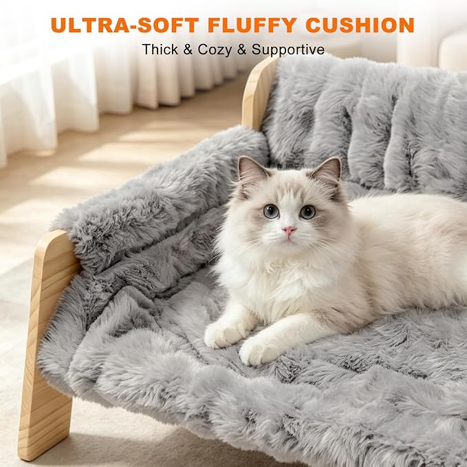 homegroove Elevated Cat Couch Bed, Wood Cat Sofa for Indoor Cats, Gray | 27"L x 18"W x 11.8"H, solid wood cat bed with removable washable cushion, available in white and gray, for cats & small dogs