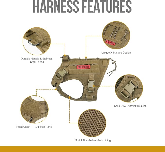 OneTigris Tactical Dog Harness with Handle No-Pull Adjustable for Large Dog | Military 1000D Pullable Nylon, Service Dog Vest with Hook & Loop Panels, Easy On & Off for Walking Hiking Training Brown L