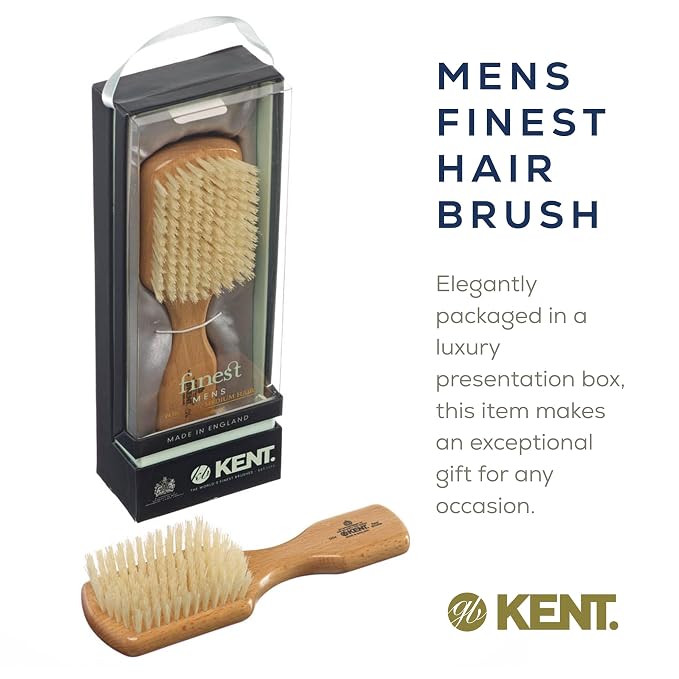 Kent OG4 Rectangular Beachwood Gentlemen's Hair Brush and Facial Brush for Beard Care - Exfoliating Natural Boar Bristle Brush for Mens Grooming, Hair Care, and Beard Straightener for Men's Skin Care