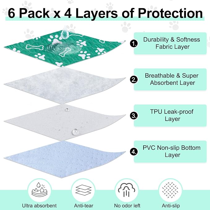 BEAUTYZOO 6 Pack Washable Pee Pads for Dogs,Reusable Puppy Pads 16x24 Green | Waterproof Super Absorbent,Non Slip and Leak-Proof Against Urine,Whelping Pads Mats for Puppy Potty Training,Playpen,Crate