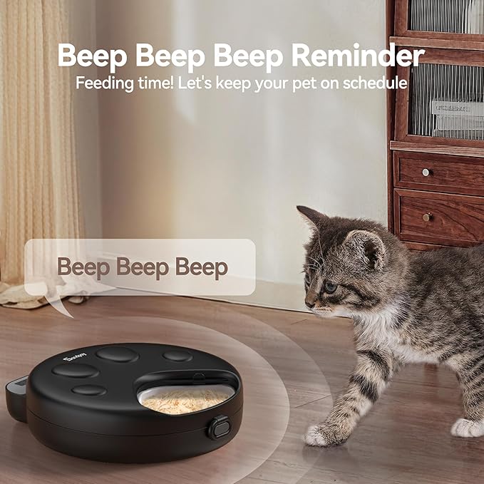 Automatic Cat Feeder Wet Food,Cordless Wet Pet Food Dispenser with 4 Ice Packs,4 Meals Per Day Fresh Food Refrigerated Container,Programmable Timed Battery Operated Auto Feeder for Kitten(Black)
