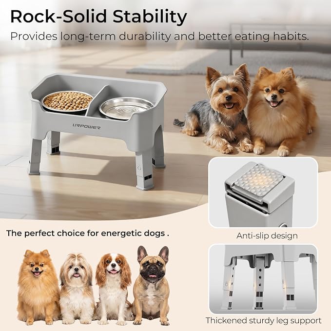 URPOWER Mess Proof Elevated Dog Bowls, Splash Guard Raised Bowl Stand | 4 Adjustable Heights, 2 Stainless Steel Bowls, Food & Water Separation, Non-Slip Base, Foldable Design for Small Dogs