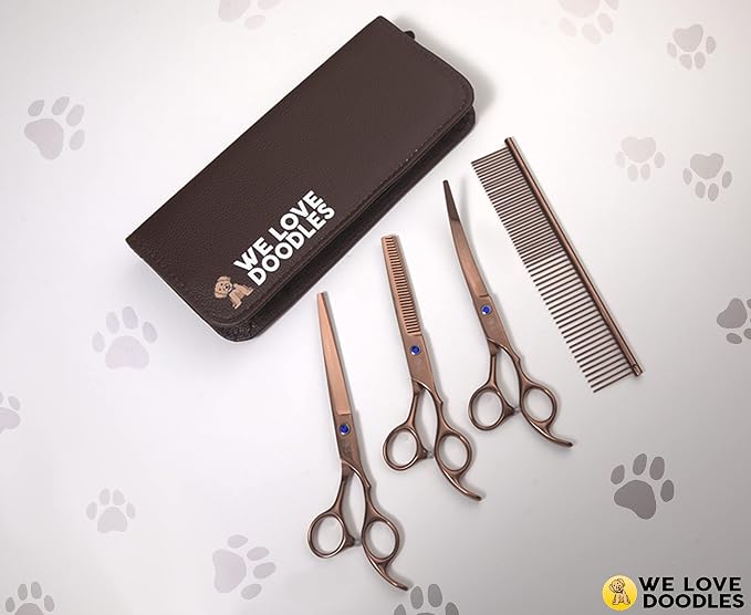 We Love Doodles Small Curved Slicker Brush and Grooming Scissors Kit Bundle - Soft Pin Goldendoodle Brush and Dog Grooming Scissors Kit - for Dematting & Shedding - Made in USA