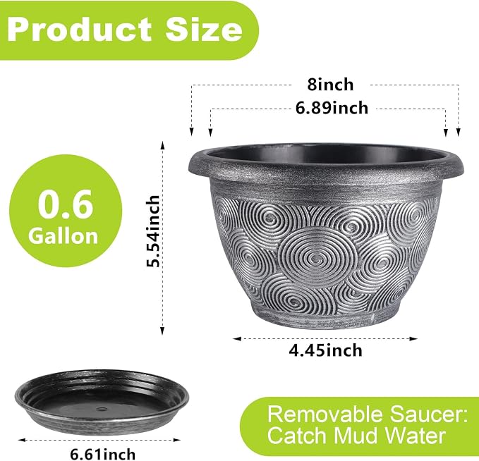 8-Inch-Plastic -Pots-for -Plant with Saucer, 4 Pack Outdoor Planters with Drainage Holes, Decorative Flower Pots for Indoor Plants, Modern 3D Swirl Silver Plant Pots with with Removable Tray