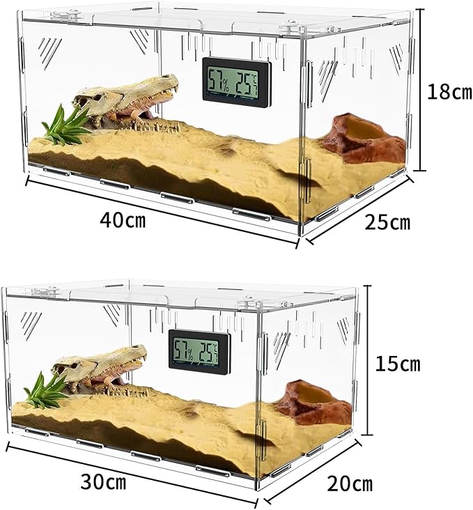 Acrylic Reptile Breeding Box Terrarium Cage Tank, 11.8"x7.9"x5.9", with Temperature Hygrometer, for Small Reptiles, Snakes, Insects, Home Office