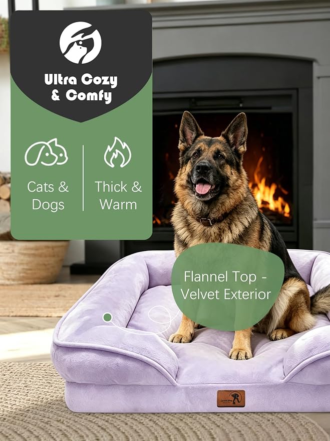 Spotted Play Orthopedic Dog Bed with Sides - Sofa Beds for Extra Large Dogs, Supportive Foam Pet Couch Bed with Washable Removable Cover, Waterproof Lining and Non-Slip Bottom, Purple - XL