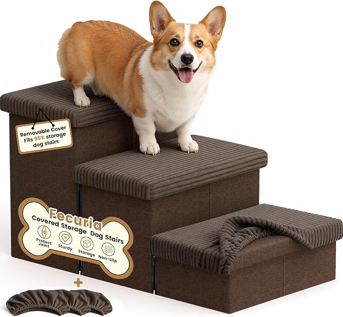 3-Step Wide Dog Stairs 18" H with Removable Cover, Non-Slip Storage Pet Steps for High Bed Couch, Pet Stairs for Small/Medium/Large Old Dogs Puppy Up to 200lbs, Cat Dog Steps for Car, Coffee