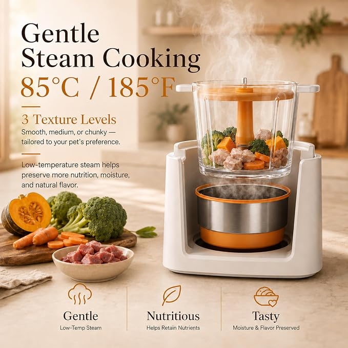 Pet Food Maker, Multifunctional Automatic Pet Fresh Food Maker All-in-One Cooker, 20 Min Steaming, Pre-Cut, Blended Natural Meal, 2L Removable Borosilicate Glass Bowl, Safe Easy to Clean