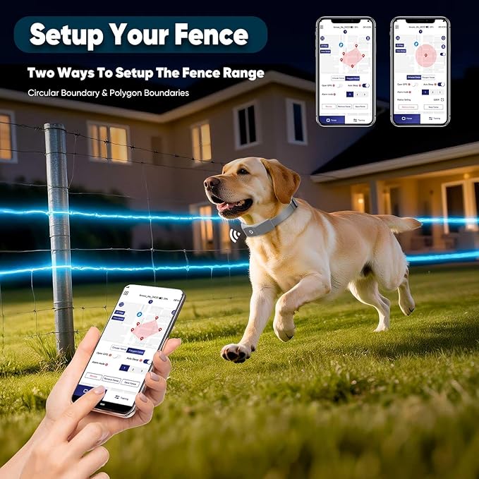 GPS Electric Dog Fence with Free App, Wireless Fence System with Training Collar, Adjustable of Dogs Portable Fence for Outdoor Use, Rechargeable Waterproof Flexiable Collar, (Grey)