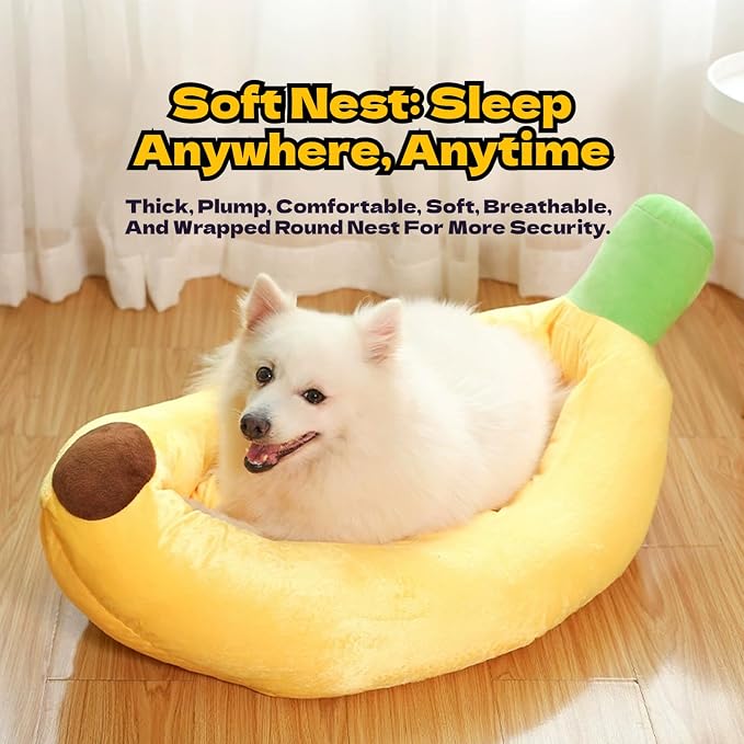 Banana Pet Bed for Small Dogs and Cats, Cozy Enclosed Calming Cave Bed with Removable Plush Cushion for Indoor Kittens Puppies Small Pets (Banana Bed + Blanket + Bone Toy, Large)