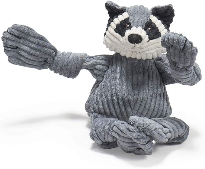 HuggleHounds Knottie Plush Dog Toy - Dog Stuffed Animal Toy, Puppy Toys, Squeaky Dog Toy for Small, Medium & Large Dogs, Durable Plush to Keep Them Busy - Reggie Racoon, Small