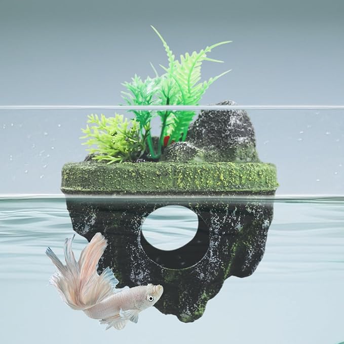 Floating Island Fish Tank Decorations – Aquarium Decor with Hideout Tunnel, Betta Fish and Shrimp Cave, PVC Aquarium Accessory with Artificial Plants