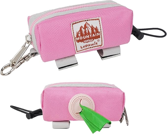 Dog Poop Bag Holder Zippered Pouch, Portable Waste Bag Dispenser with 1 Metal Clip, Fashion Color Matching Canvas Holder for Leashes - Pink