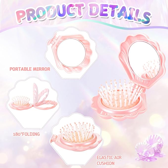 LemonRoad 24 Sets Mermaid Party Favors Shell Hair Brush with Mirror Card, Foldable Mini Travel Compact Hair Brush for Women Birthday, Bachelorette, Under The Sea, Beach Party Gifts(Pink)