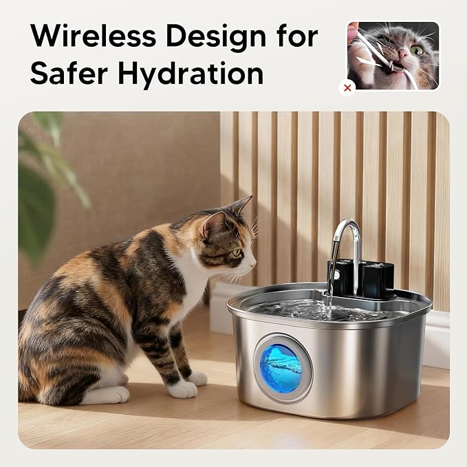 Voluas Stainless Steel Cat Water Fountain, Wireless, 108oz/3.2L, 1 Filter | Cordless Design, Ultra-Quiet Pump, Easy to Clean, BPA-Free
