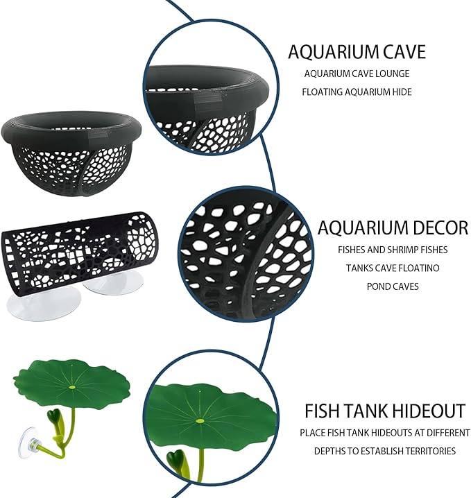 3-Piece Set Fish Tank Decor, Large Black and Small Black Decorations with Lotus, Betta Fish Toys for Aquarium, Beta Hammock for Fish Tank