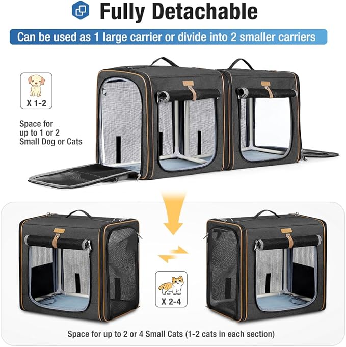 Lekereise Extra Large Cat Carrier for 2 Cats, 2-in-1 Cat Travel Carrier with Litter Box, (20.85" x2) x19.7"x19.7" Pet Carrier with Zipper Locks for Moving Across The Country (No Hammock) - Black