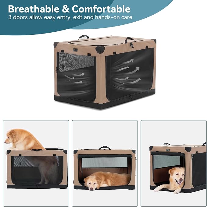 PETSFIT 36" Soft Portable Dog Crate – Patented Spiral Sturdy Frame, Collapsible Travel Kennel for Medium & Large Dogs, 3 Mesh Door, Lockable Zippers, Indoor & Car Use Khaki