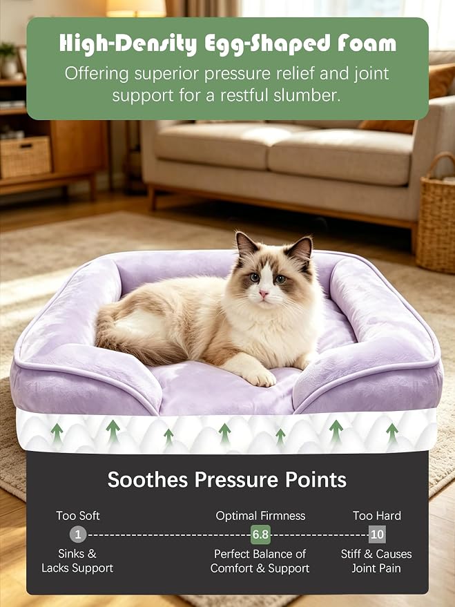 Spotted Play Orthopedic Dog Bed with Sides - Sofa Beds for Small Dogs, Supportive Foam Pet Couch Bed with Washable Removable Cover, Waterproof Lining and Non-Slip Bottom, Purple - S