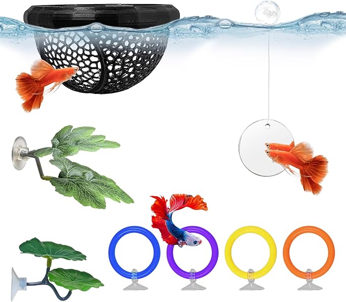 Floating Betta Hammock & Fish Toys Set,7Pcs Betta Fish Tank Accessories Mirror and Exercise Ring with Leaf Hammock Simulates Natural Habitat Comfortable Resting for Betta, Shrimp & Small Fish