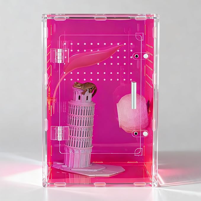 8x8x12 Terrarium Acrylic Reptile Enclosure – Cyberpunk Pink Reptile Tank with Tropical Rainforest-Inspired Design for Crested Geckos & Small Pets