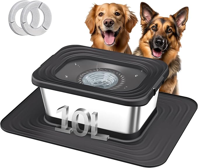 Decflow 10L Stainless Steel Dog Water Bowl, No Spill Anti-Splash Bowls | Slow Drinking for Messy Drinkers, XXl Anti-Skid Silicone Mat,Heavy Duty Pet Bowls for Indoor/Outdoor Use