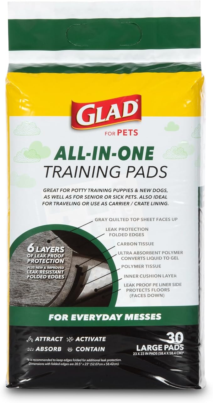 Glad for Pets Black Charcoal Puppy Pads, All-in-One | Puppy Potty Training Pads That ABSORB & NEUTRALIZE Urine Instantly | New & Improved Quality Puppy Pee Pads, 150 count - 2 Pack | Super-absorbent, disposable pads for potty training, crate training, ...
