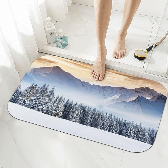 Door Mat, Winter Quick Dry Bath Mat, Fantastic Landscape with Snowy Mountains Pine Trees, 31.4" W x 19.6" L, Multi-Purpose Rubber Floor Mat,Multicolor