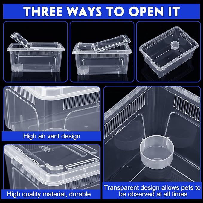 Irenare 8 Pcs Reptile Breeding Box Plastic Spider Terrarium Tarantula Feeding Box for Bearded Dragon Lizard Spider Gecko Scorpion(Vent Strips,Clear,10.6 x 7.4 x 4.7 Inch)