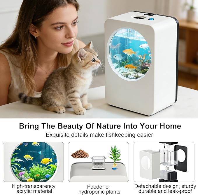 Betta Fish Tank 0.3 Gallon mini Desktop Fish Tank, Aquarium Starter Kits, Small Fish Tank for Office, Home, Bedroom, School, Store, Outdoor Garden, Lawn