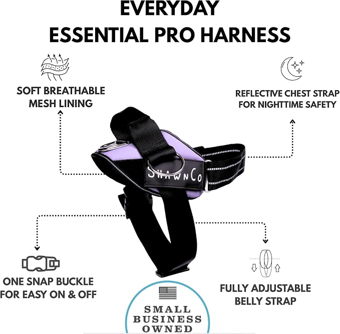ShawnCo Essential Pro Dog Harness, No-Pull Pet Vest with 3 Leash Clips and Removable, Reflective Side Patches, Adjustable and Padded Harness for Small, Medium and Large Dogs (ICY Lilac, M)