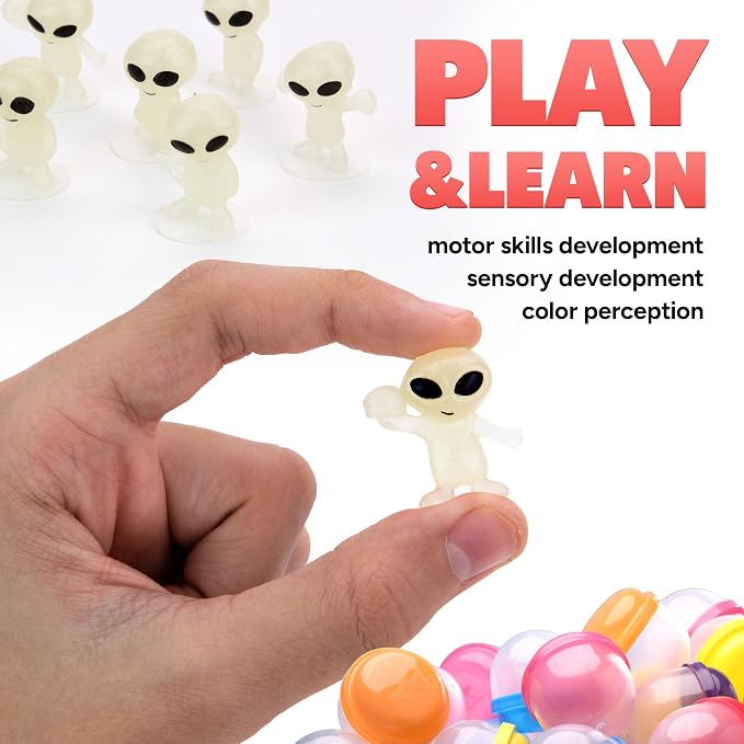 Alien Toys in Capsules - 250 Pcs of 1.1 Inch Plastic Capsules & 1 Inch Glow in the Dark Alien Figurines for Kids - Party Favors - Classroom Prizes - Toys Bulk for Vending Machine Refill