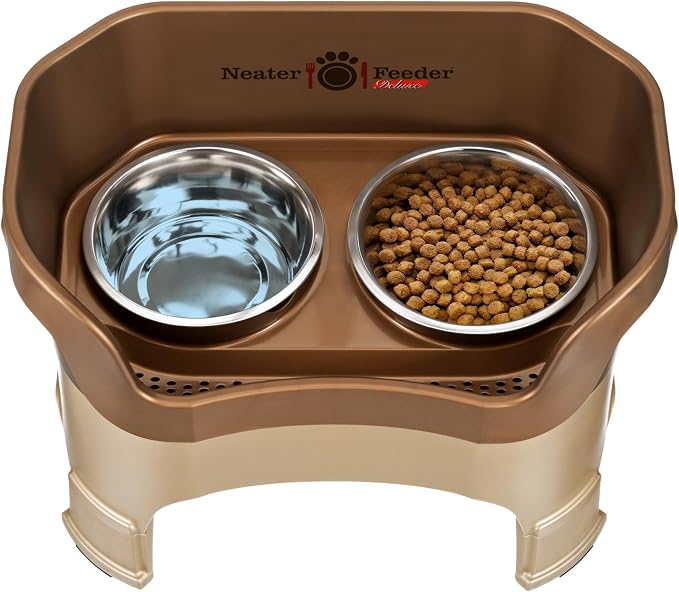 Neater Feeder Deluxe Mess-Proof Elevated Dog Bowls for Large Dogs (40+ lbs), 2 Height Adjustable (14.5” & 17.5”) No-Spill Raised Dog Bowl Stand, Stainless Steel Food Bowl Set, Made in USA, Bronze