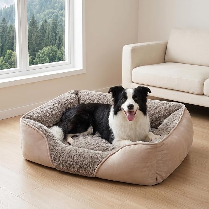 Medium Dog Bed for Large, Small Dogs - Rectangle, Washable, Orthopedic, Soft, Calming, Durable Pet Cuddler with Anti-Slip Bottom (M: 25"x21"x8")